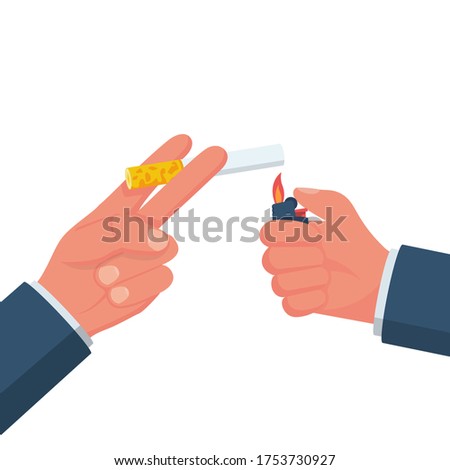 Cigarettes and lighter in hand man. Light a cigarette. Smoker holds a smoking cigarette. Vector illustration flat design. Isolated on background. Bad habits. Dangers of smoking.
