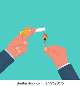 Cigarrillos y fósforos en una mano. Enciende un cigarrillo. El fumador tiene un cigarrillo de tabaco. Diseño plano de ilustración vectorial. Aislado en segundo plano. Malos hábitos. Peligros de fumar.