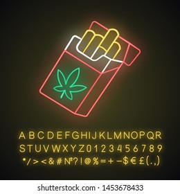 Cigarettes neon light icon. Weed product. Cannabis industry. Ganja smoking. Hemp distribution and sale. Relaxing CBD ciggy pack. Glowing sign with alphabet, symbols. Vector isolated illustration