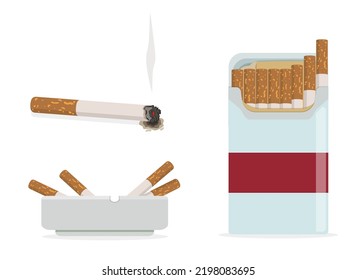 Cigarettes. A pack, an ashtray and a smoldering cigarette with smoke. Vector illustration.  