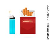 Cigarettes pack box and lighter with fire vector illustration isolated on white background, flat style design