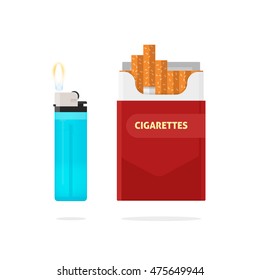 Cigarettes pack box and lighter with fire vector illustration isolated on white background, flat style design