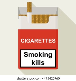 Cigarettes pack, box. Red and white design. Smoke problem. No smoking. Long shadow