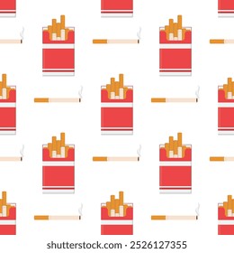 Cigarettes pack box seamless pattern, texture with packing and burning cigarettes isolated on white background. Cigarettes pack, wallpaper template. flat vector illustration