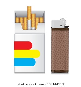 cigarettes pack with pocket lighter isolate on white background vector illustrations