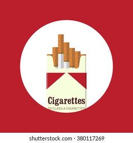 Cigarettes pack. Red background. Cigarettes box. Vintage cigarettes pack. Cigarettes pack icon. Flat design. Red and white pack. Smoke problem. No smoking. Vector illustration