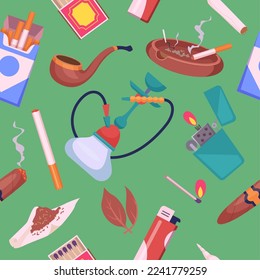 Cigarettes pattern. Tobacco leaves and tubes lighters pictures exact vector seamless background