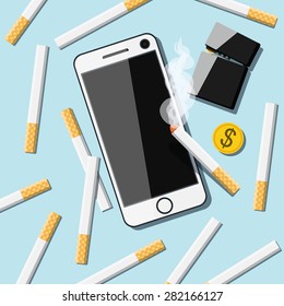 Cigarettes with phone, lighter and coin on table. Vector