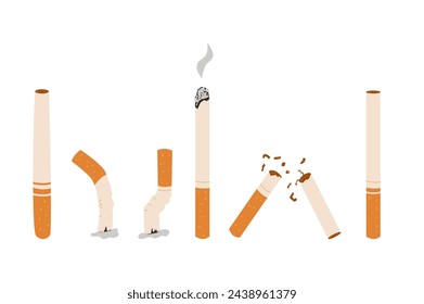 Cigarettes set elements isolated on white background. Stop smoking. National non smoking week. World no tobacco day. Vector flat illustration