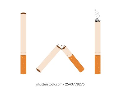 Cigarrillos conjunto Elementos aislados sobre fondo blanco. Proceso de quema de tabaco nuevo cigarrillo y mantequilla, productos de fumar con ceniza, cigarro dañino. Deja de fumar. Día Mundial sin Tabaco. Ilustración vectorial