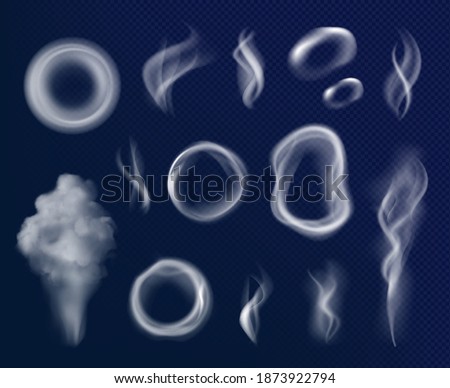 Cigarettes smoke circles. Gray flowing steam shapes fumes toxic smoke decent vector realistic templates