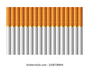 Cigarettes stacked up side by side on pale background