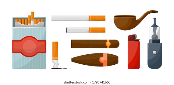 El juego de cigarrillos y varios accesorios para fumadores. Dispositivos. Ilustración del vector 