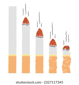 Cigarettes in various states of smoking, from a whole cigarette to a cigarette butt. The concept of extinction, the end of something, the dangers of smoking. Hand Drawn. Freehand drawing. Doodle.