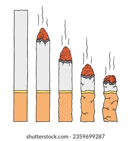 Cigarettes in various states of smoking, from a whole cigarette to a cigarette butt. The concept of extinction, the end of something, the dangers of smoking.	