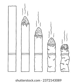 Cigarettes in various states of smoking, from a whole cigarette to a cigarette butt. The concept of extinction, the end of something, the dangers of smoking. Coloring page.	