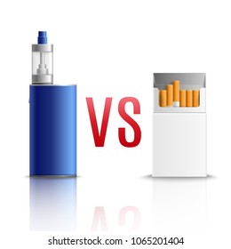 Cigarettes vs vaping realistic composition of white blank cigarette pack and blue atomizer device reflection vector illustration 