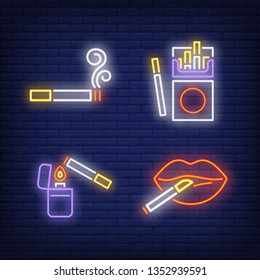 Cigarettes, woman lips and lighter neon signs set. Smoking, healthcare and addiction design. Night bright neon sign, colorful billboard, light banner. Vector illustration in neon style.