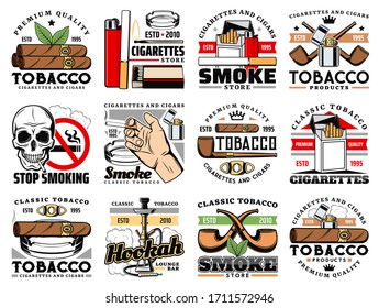 Cigarros y cigarrillos íconos de la taberna, la barra salón narguile signo vectorial. Señal de advertencia para dejar de fumar, cigarros de La Habana de alta calidad y hojas de tabaco para fumar, encendedor, cenicero y fósforos