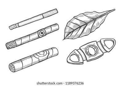 Cigars and guillotine, leaves of tobacco. Smoking set. Sketch engraving style.