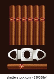Cigars and guillotine. Vector illustration on black background.