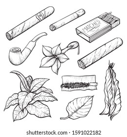 Cigars and tobacco monochrome sketch illustrations set. Wooden tobacco pipe and plant, matches box and cigarette isolated on white background. Hand drawn smoking kit black and white collection