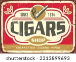 Cigars and tobacco retro tin sign template. Vintage vector illustration. Old store sign design.