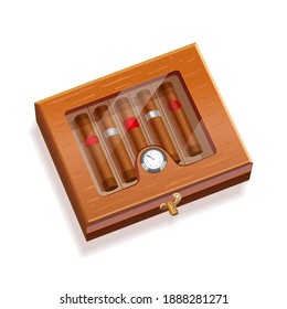 Cigars in a wooden box with a glass lid. 5 cigars in a box. Vector realistic illustration isolated on white background.