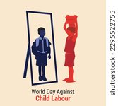 A ciild kid holding bricks on head by looking at mirror, world day against child labour illustration