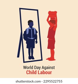 A ciild kid holding bricks on head by looking at mirror, world day against child labour illustration svg