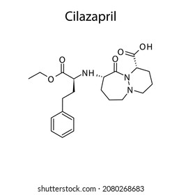 Cilazapril molecular structure, flat skeletal chemical formula. ACE inhibitor drug used to treat Hypertension, Heart failure, CAD. Vector illustration.