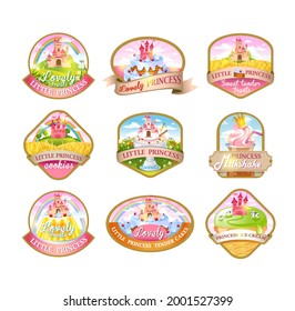 Colección de etiquetas para caramelos, helados, pasteles, galletas, con la imagen de un hermoso castillo, reino dulce, granjas de cuento de hadas, campos y pastos. Buena elección para Logo, emblema, etiqueta, pegatina