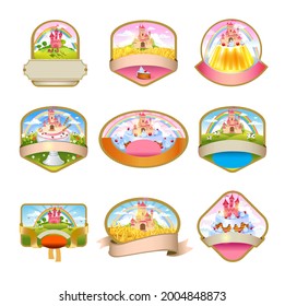 Cillection of labels for candy, ice cream, cake, cookies, with the image of a lovely castle, sweet kingdom, fairytale farms, fields and pastures. The good choice for Logo, emblem, lable, sticker
