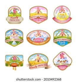 Cillection of labels for candy, ice cream, cake, cookies, with the image of a lovely castle, sweet kingdom, fairytale farms, fields and pastures. The good choice for Logo, emblem, lable, sticker