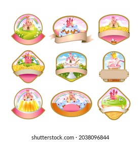 Cillection of labels for candy, ice cream, cake, cookies, with the image of a lovely castle, sweet kingdom, fairytale farms, fields and pastures. The good choice for Logo, emblem, lable, sticker