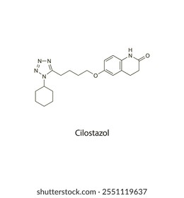 Cilostazol flat skeletal molecular structure phosphodiesterase inhibitor drug used in hypertension treatment. Vector illustration scientific diagram.