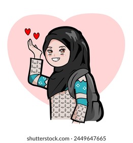 CIMAHI, INDONESIA - APRIL 15 , 2024-Pretty casual college student girl wear batik of Indonesia and hijab.Graphic design illustration for collection, poster, background, wallpaper, sticker, and others.