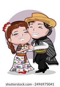 CIMAHI, INDONESIA-1 DE AGOSTO DE 2024-Lindo chibi niño y niña de baile paraguay vestido traje tradicional. Ilustración de personaje de Diseño gráfico de Vector para colección, póster, fondo, Fondo de pantalla, pegatina.