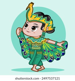 CIMAHI, INDONESIA-AUGUST 2, 2024-An Indonesian cute chibi kawaii girl does merak dance wear traditional costume dress. Character illustration for collection, poster,background,wallpaper,sticker.