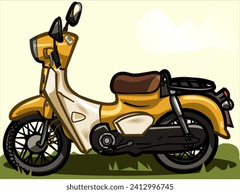 CIMAHI, INDONESIA-JANUARY 10, 2024-Yellow motorcycle. Vector graphic design character illustration cartoon for collection, poster,background,wallpaper,sticker.