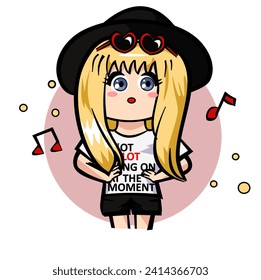 CIMAHI, INDONESIA-JANUARY 17, 2024-Taylor swift cute chibi with 22 t-shirt wearing eyeglasses and hat. Vector graphic design character illustration for collection, poster,background,wallpaper,sticker.