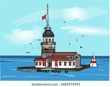 CIMAHI, INDONESIA-JULY 02, 2024-Cute Turkey Maiden Leandros Tower unique architecture buildings with natural scenery seascape panorama. Vector illustration design cartoon for poster,collection, ba