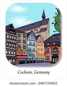 CIMAHI, INDONESIA-JULY 09, 2024-Cute Cochem Germany buildings with unique vintage architecture. Vector illustration design cartoon for poster,collection,background,sticker,souvenir,logo fabric, other.