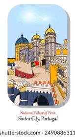 CIMAHI, INDONESIA-JULY 17, 2024-Cute National Palace of Pena Sintra unique vintage architecture buildings.Vector illustration design cartoon for poster,collection,background,sticker,souvenir,fabric.