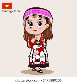 CIMAHI, INDONESIA-JULY 29, 2024-Hmong Miao Vietnamese etnic chibi girl wear traditional red dress. Vector graphic design character illustration for collection, poster,background,wallpaper,sticker.