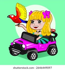 CIMAHI, INDONÉSIA-JUNHO 27, 2025-Adorável menina loira com papagaio em Pink Car Vetor desenho gráfico personagem ilustração de desenho animado para coleção, pôster, fundo, papel de parede, adesivo, esboço livro.