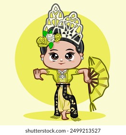 CIMAHI,INDONESIA-AUGUST 6, 2024-An Indonesian cute chibi kawaii girl does Jaipong java dance wear traditional dress costume. Character illustration for collection, poster,background,wallpaper,sticker.