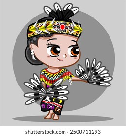 CIMAHI,INDONESIA-AUGUST 9, 2024-An Indonesian cute chibi kawaii girl does Enggang Kalimantan dance wear traditional dress. Character illustration for collection, poster,background,wallpaper,sticker.