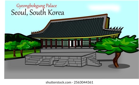 CIMAHI,INDONESIA-DECEMBER, 2024-Cute Old Palace Gyeongbokgung South Korea unique architecture buildings. Vector illustration design cartoon for poster,collection,background,sticker,souvenir,fabric.