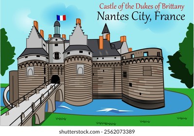 CIMAHI,INDONESIA-DECEMBER, 23 2024-Cute Old Castle of the Dukes of Brittany from Nantes France. Buildings vector illustration design cartoon for poster,collection,background,sticker,souvenir,fabric.